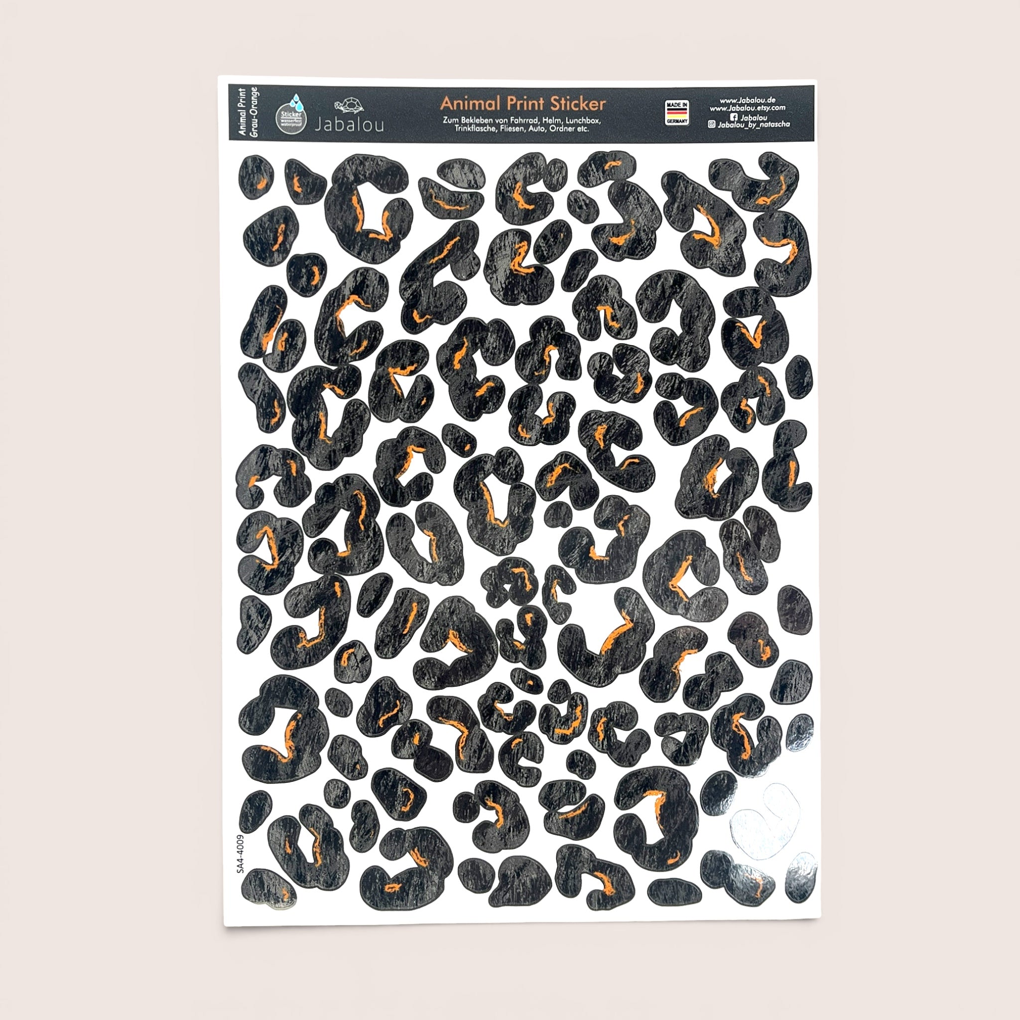 Aufkleber A4 Animal Print SCHWARZ - ORANGE - spülmaschinenfest für Brotdose und Trinkflasche