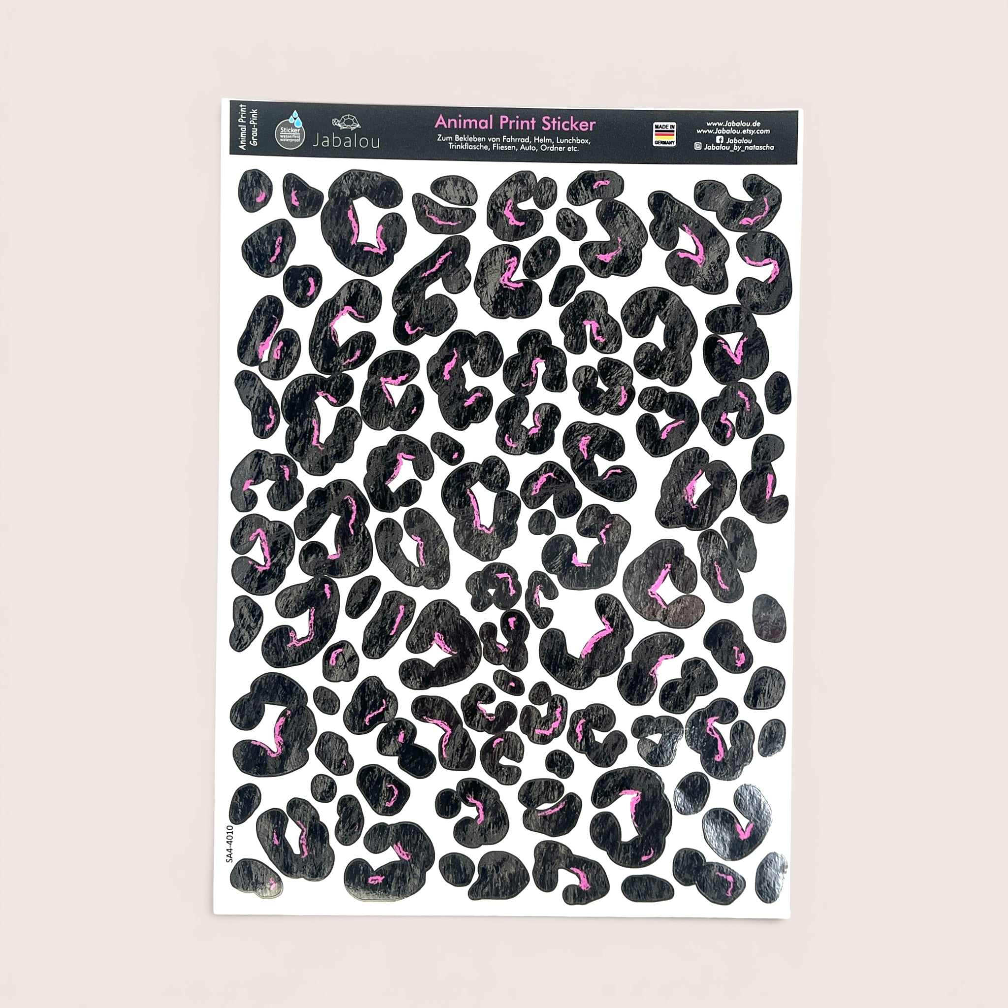 Aufkleber A4 Leopardenmuster SCHWARZ - PINK - wetter und spülmaschinenfest