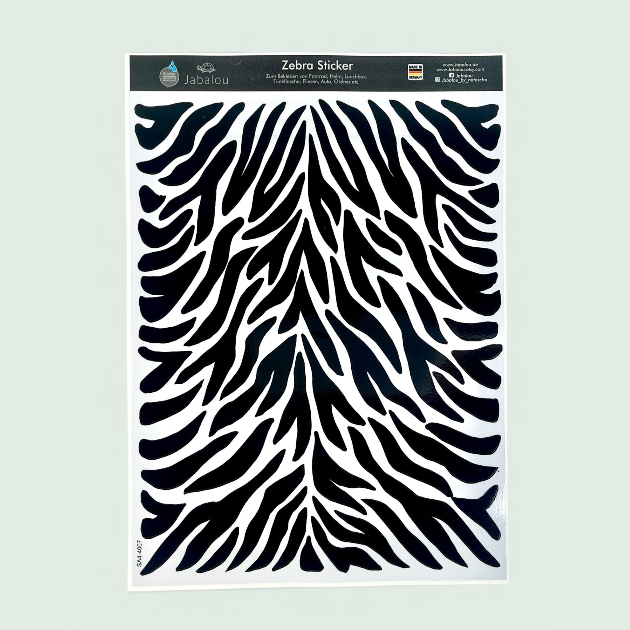 Aufkleber A4 Zebra Muster - wetter und spülmaschinenfest