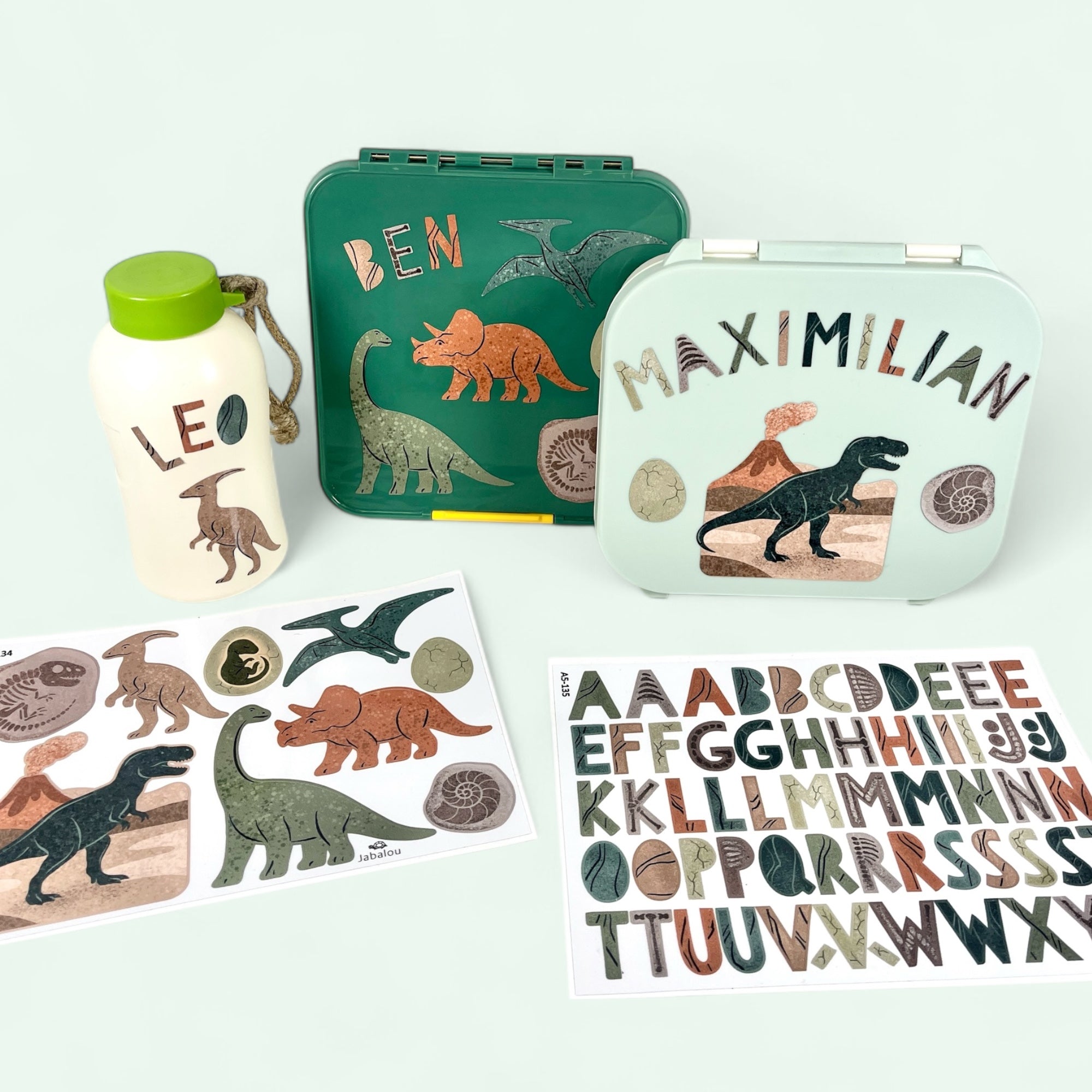 Buchstaben Sticker DINOSAURIER spülmaschinenfest – Brotdosen & Trinkflaschen personalisieren