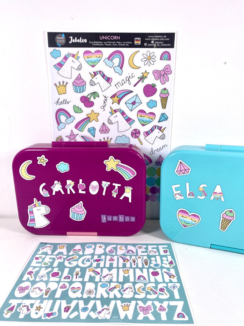 Buchstaben Sticker EINHORN weiß spülmaschinenfest – Brotdosen & Trinkflaschen personalisieren