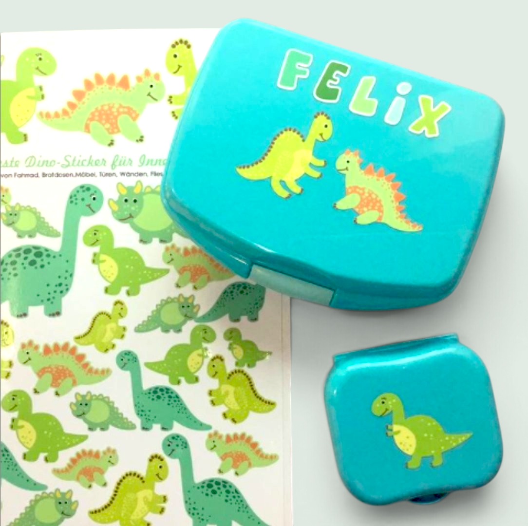 Jabalou Stickerbogen mit bunten Dinosauriern auf türkisen Brotdosen für Kinder
