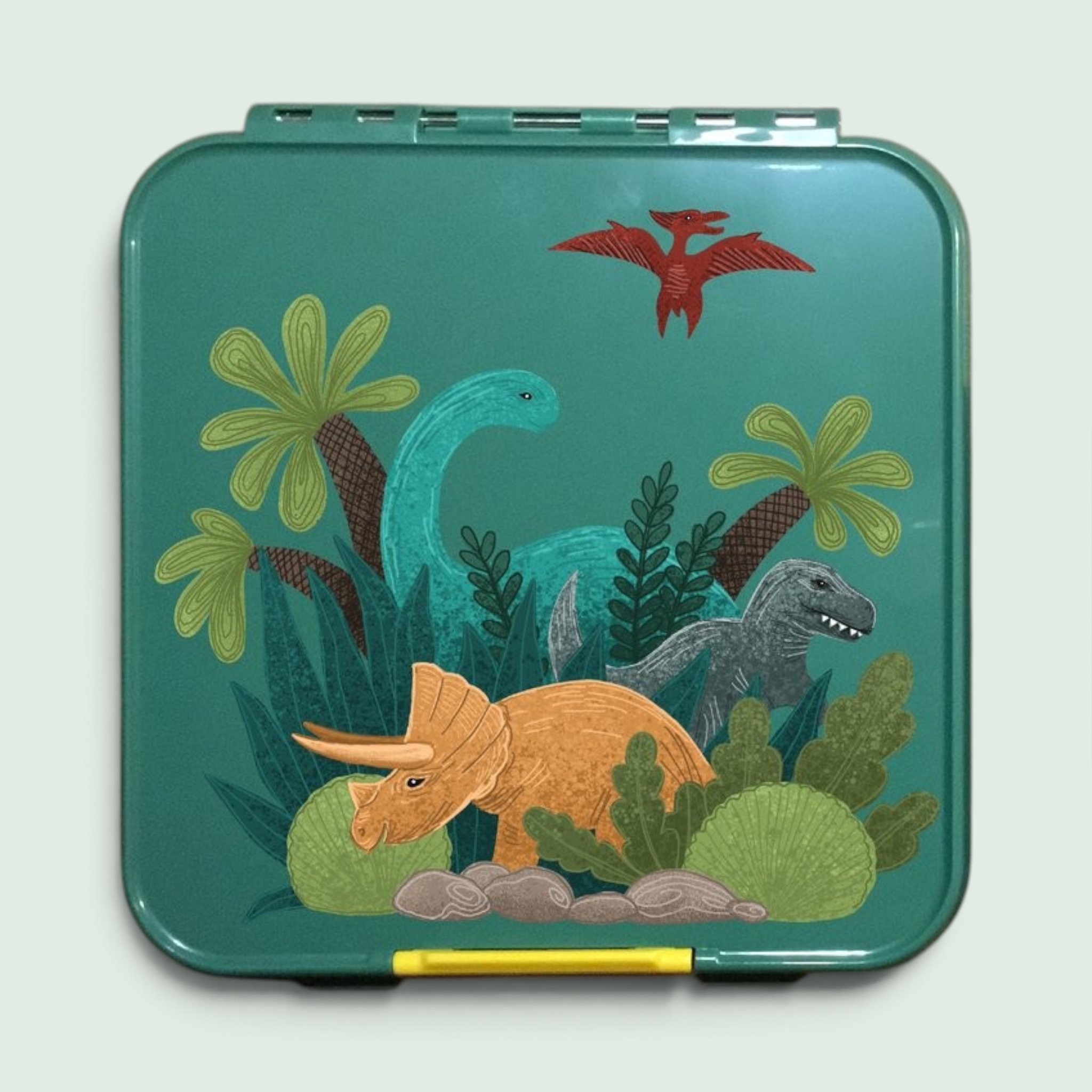 Jabalou Sticker Dinoworld mit T-Rex, Apatosaurus und Triceratops auf einer grünen Brotdose