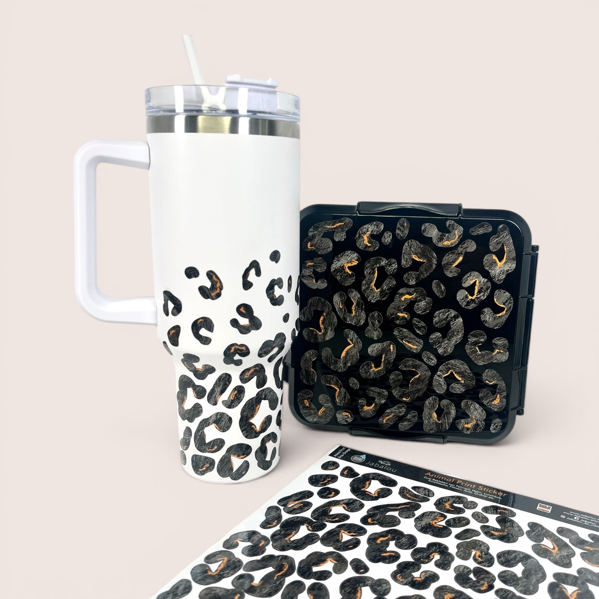 Aufkleber A4 Animal Print SCHWARZ - ORANGE - spülmaschinenfest für Brotdose und Trinkflasche
