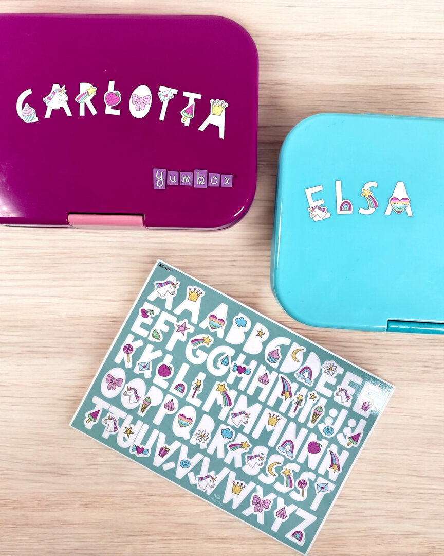 Buchstaben Sticker EINHORN weiß spülmaschinenfest – Brotdosen & Trinkflaschen personalisieren