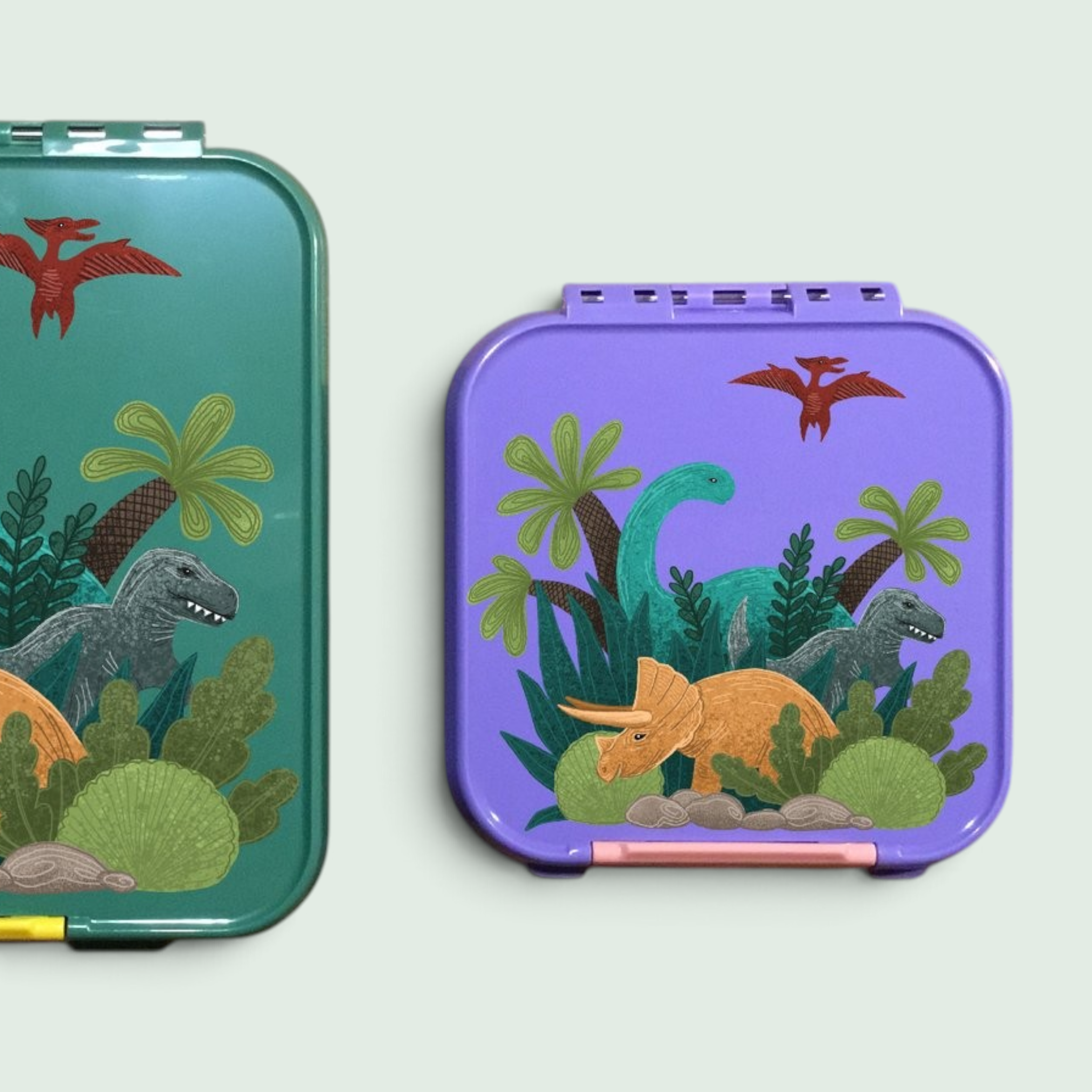 Jabalou Brotdosen mit Dinosaurier-Aufkleber, T-Rex, Apatosaurus und Triceratops Motiv auf grünem und lila Untergrund
