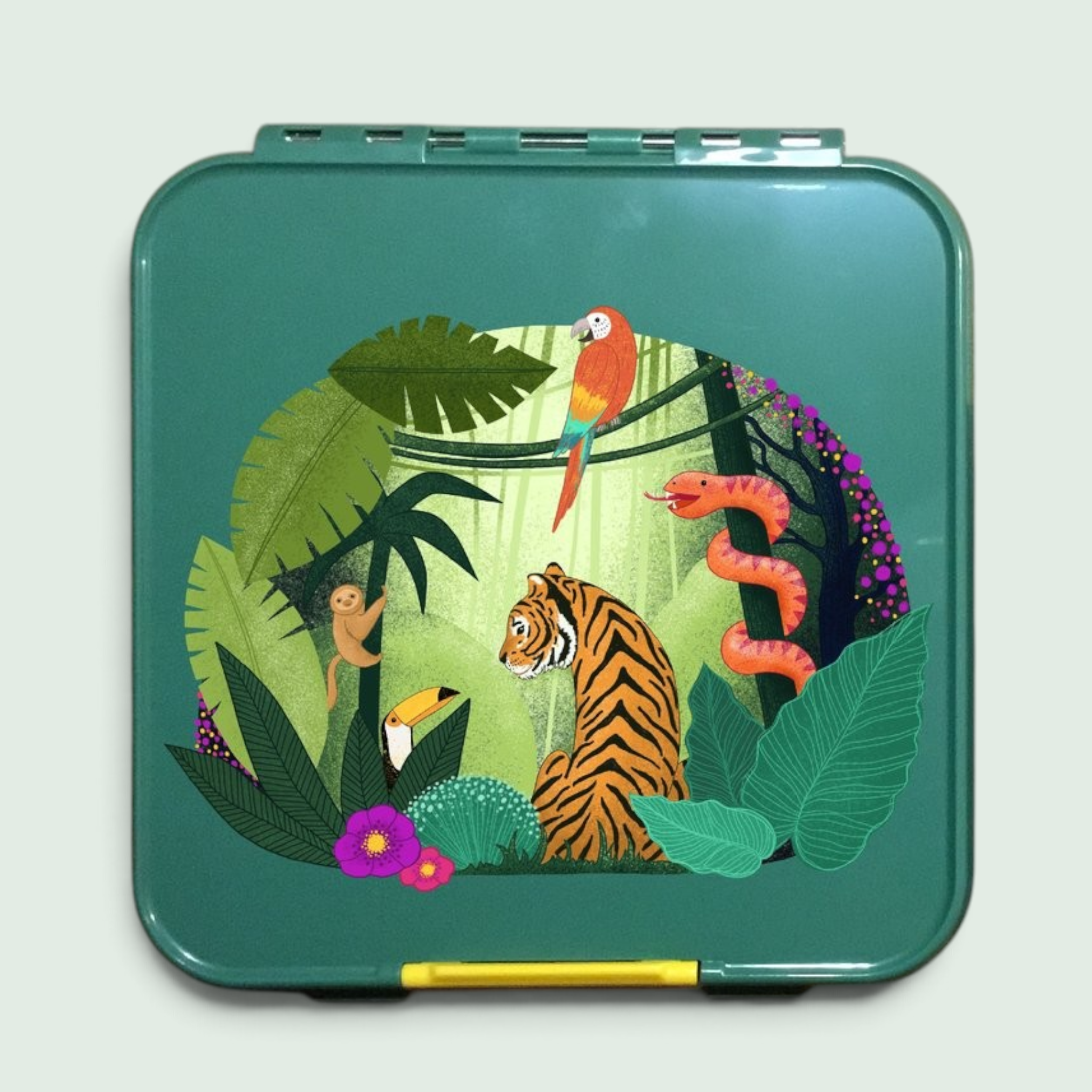 Jabalou Dschungel-Sticker mit Tiger, Tukan und Faultier auf einer grünen Lunchbox, wasserfest und wetterfest.