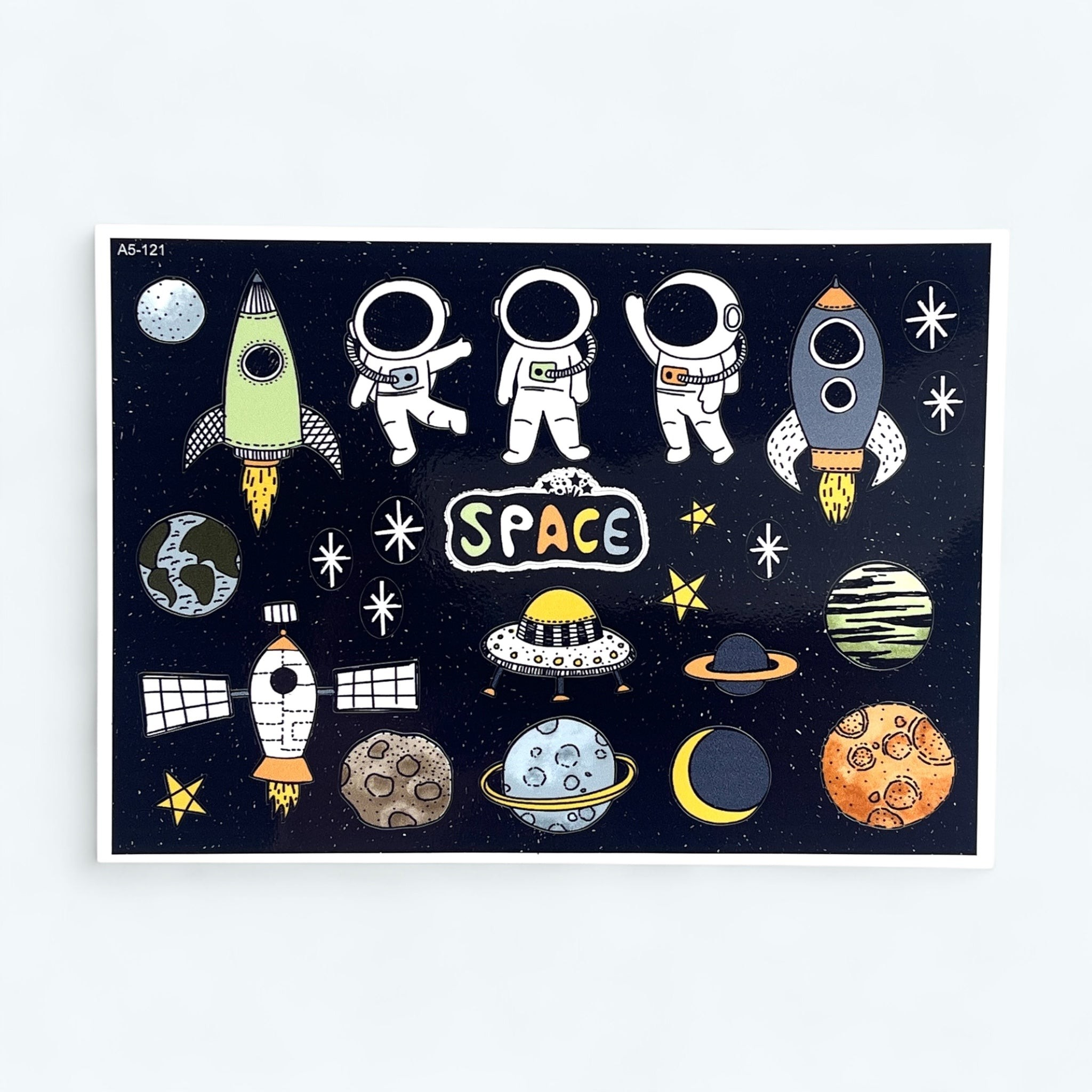 Jabalou A5 Aufkleberbogen mit bunten Weltraum Motiven wie Astronauten, Raketen und Planeten auf dunkelblauem Grund