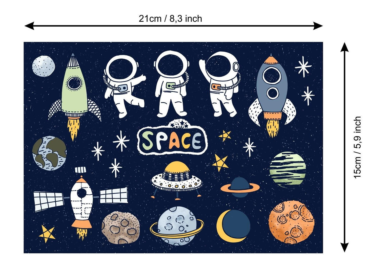 Jabalou A5 Aufkleberbogen mit bunten Weltraummotiven wie Astronauten, Raketen und Planeten auf dunkelblauem Grund